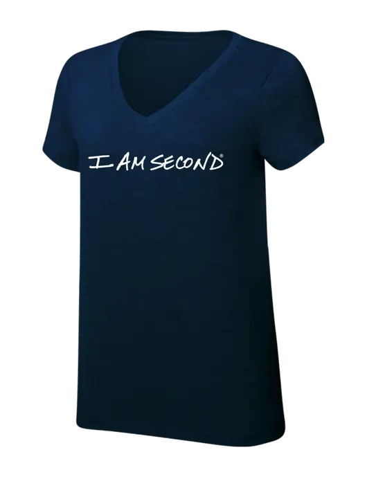 Womens Simply Soft V-Neck New Navy 4.5oz  Poly/Combed Ring Spun Cotton T-Shirt w/I Am Second Logo