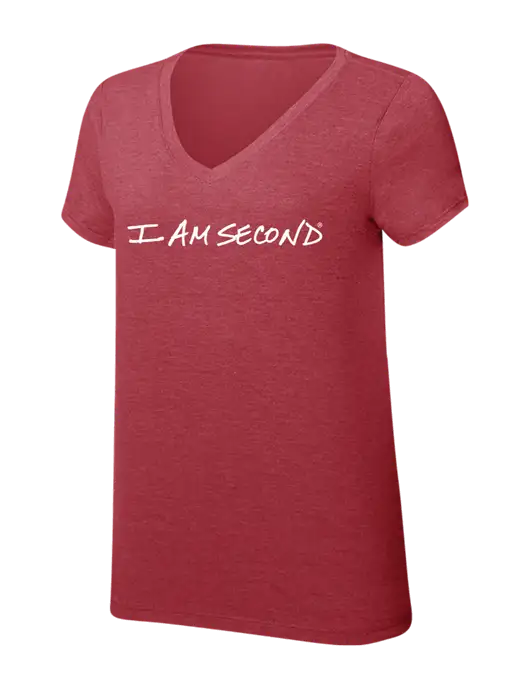 Womens Simply Soft V-Neck Red Frost 4.5oz  Poly/Combed Ring Spun Cotton T-Shirt w/I Am Second Logo