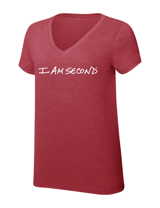 Womens Simply Soft V-Neck Red Frost 4.5oz  Poly/Combed Ring Spun Cotton T-Shirt w/I Am Second Logo