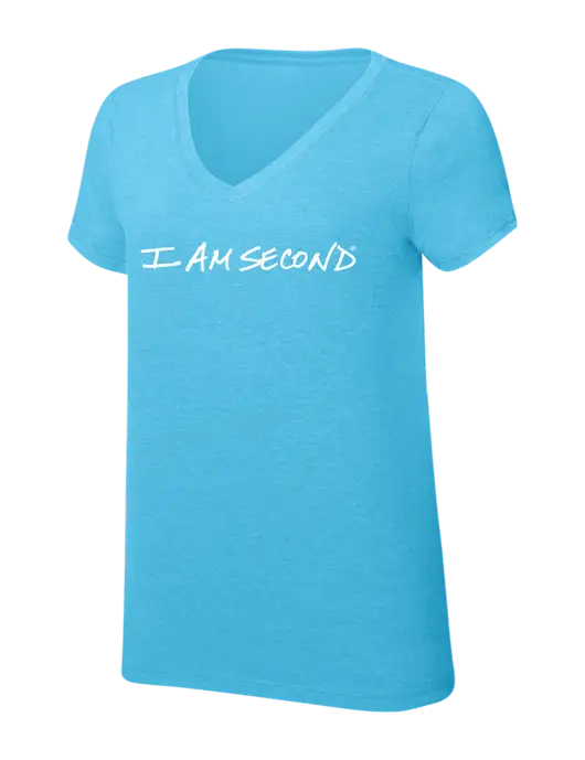 Womens Simply Soft V-Neck Turquoise Frost 4.5oz  Poly/Combed Ring Spun Cotton T-Shirt w/I Am Second Logo