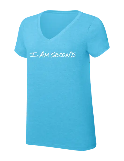 Womens Simply Soft V-Neck Turquoise Frost 4.5oz  Poly/Combed Ring Spun Cotton T-Shirt w/I Am Second Logo
