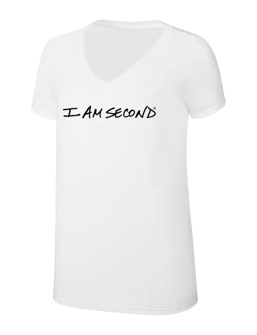 Womens Simply Soft V-Neck White 4.5oz  Poly/Combed Ring Spun Cotton T-Shirt w/I Am Second Logo