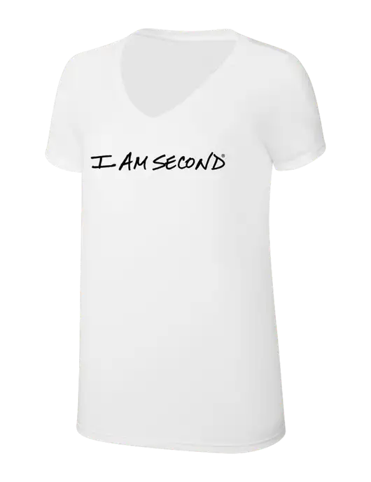 Womens Simply Soft V-Neck White 4.5oz  Poly/Combed Ring Spun Cotton T-Shirt w/I Am Second Logo