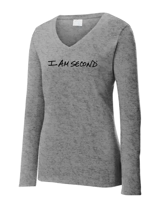 Womens  V-Neck Ring Spun Grey Heather 4.5 oz Long Sleeve T-Shirt w/I Am Second Logo