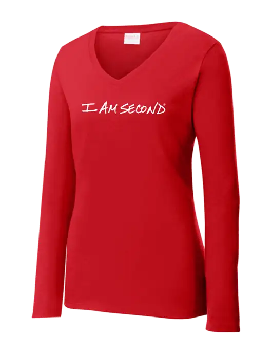 Womens  V-Neck Ring Spun Bright Red 4.5 oz Long Sleeve T-Shirt w/I Am Second Logo