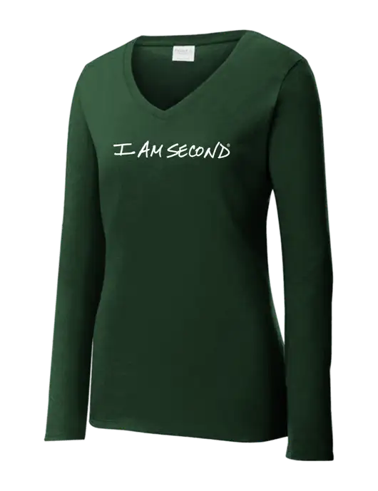 Womens  V-Neck Ring Spun Forest Green 4.5 oz Long Sleeve T-Shirt w/I Am Second Logo