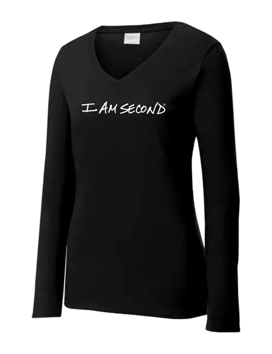 Womens V-Neck Ring Spun Jet Black 4.5 oz Long Sleeve T-Shirt w/I Am Second Logo
