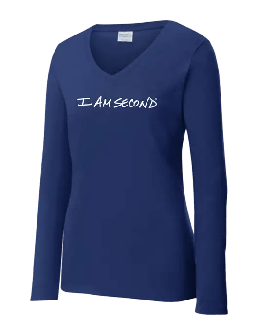 Womens  V-Neck Ring Spun Navy 4.5 oz Long Sleeve T-Shirt w/I Am Second Logo