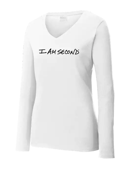 Womens  V-Neck Ring Spun White 4.5 oz Long Sleeve T-Shirt w/I Am Second Logo