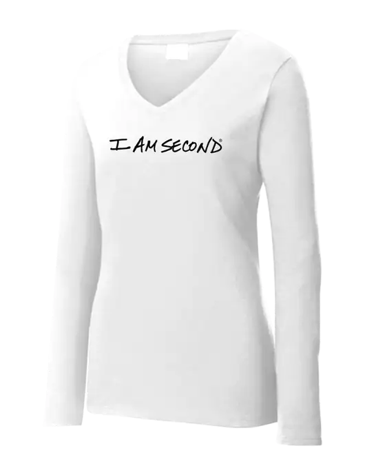 Womens  V-Neck Ring Spun White 4.5 oz Long Sleeve T-Shirt w/I Am Second Logo