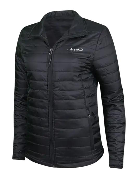Womens Black Puffy Packable Jacket w/I Am Second Logo