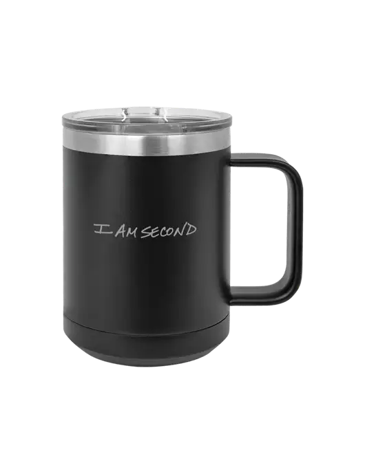 Polar Camel 15 oz Powder Coated Black Vacuum Insulated Mug with Slider Lid w/I Am Second Logo