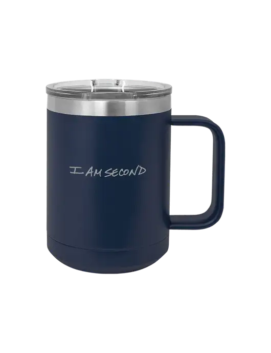 Polar Camel 15 oz Powder Coated Navy Vacuum Insulated Mug with Slider Lid w/I Am Second Logo