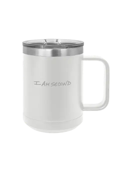Polar Camel 15 oz Powder Coated White Vacuum Insulated Mug with Slider Lid w/I Am Second Logo
