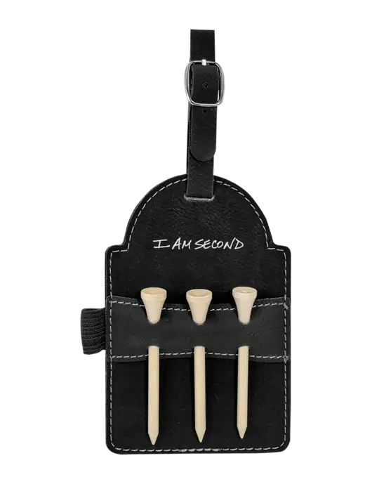 Black Leatherette Golf Bag Tag with 3 Wooden Tees w/I Am Second Logo