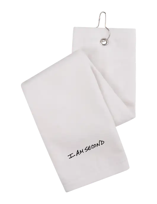 White Tri-Fold Golf Towel with Grommet w/I Am Second Logo