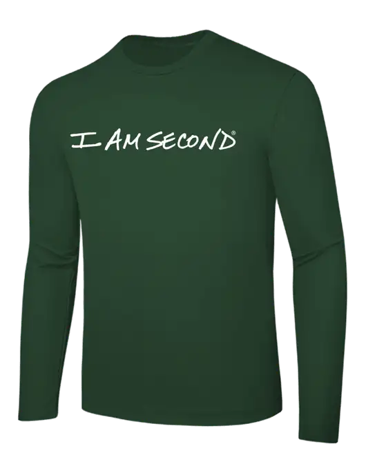 Long Sleeve Dark Green PosiCharge Competitor Tee w/I Am Second Logo