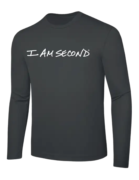 Long Sleeve Dark Grey PosiCharge Competitor Tee w/I Am Second Logo