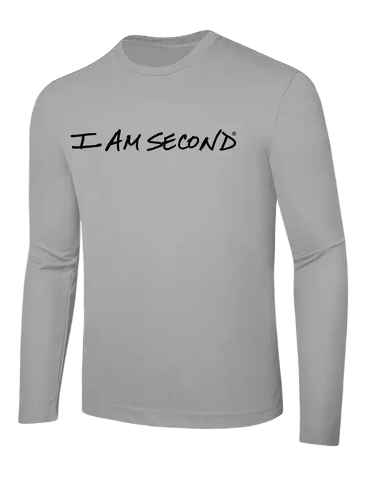 Long Sleeve Light Grey PosiCharge Competitor Tee w/I Am Second Logo