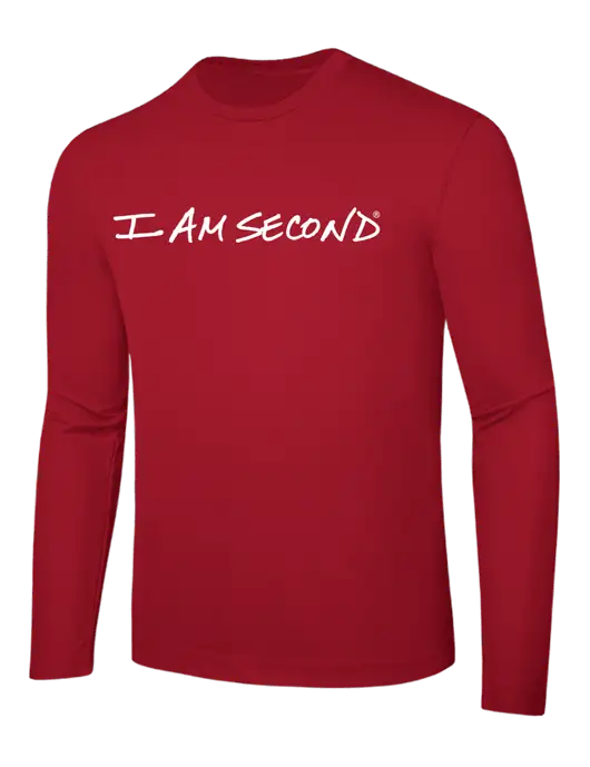 Long Sleeve Red PosiCharge Competitor Tee w/I Am Second Logo