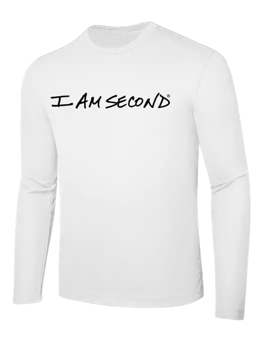Long Sleeve White PosiCharge Competitor Tee w/I Am Second Logo