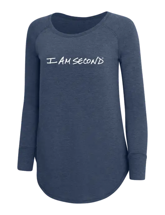 Womens Perfect Wide Collar Tunic Tri-Blend Navy Frost 4.5 oz T-Shirt w/I Am Second Logo