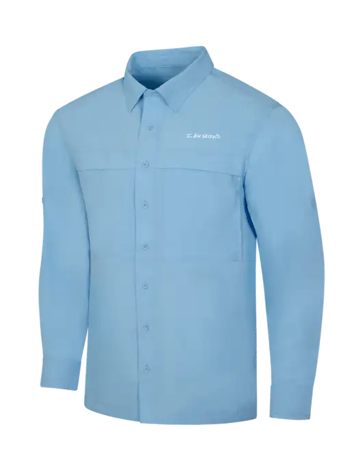 Light Blue Long Sleeve UV Daybreak Shirt w/I Am Second Logo
