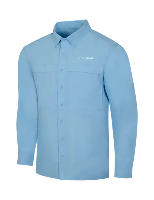 Light Blue Long Sleeve UV Daybreak Shirt w/I Am Second Logo