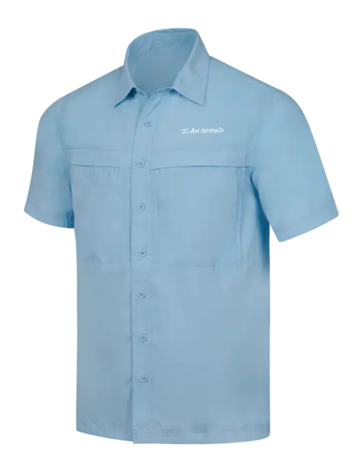 Light Blue Short Sleeve UV Daybreak Shirt w/I Am Second Logo
