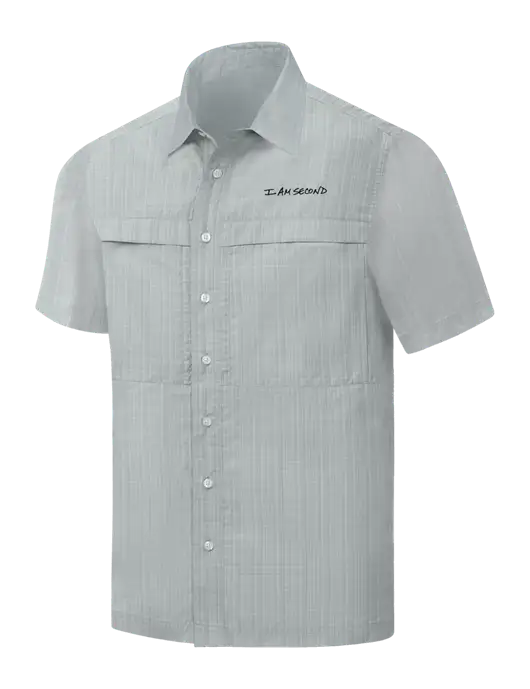 Light Grey Crosshatch Short Sleeve UV Daybreak Shirt w/I Am Second Logo