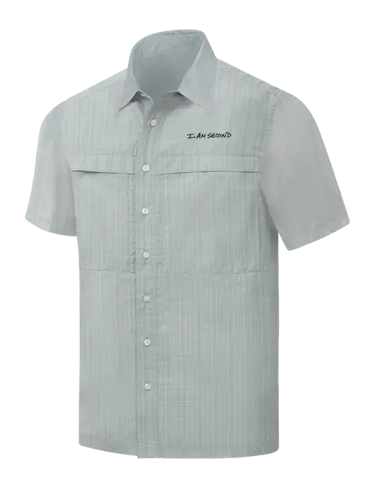 Light Grey Crosshatch Short Sleeve UV Daybreak Shirt w/I Am Second Logo