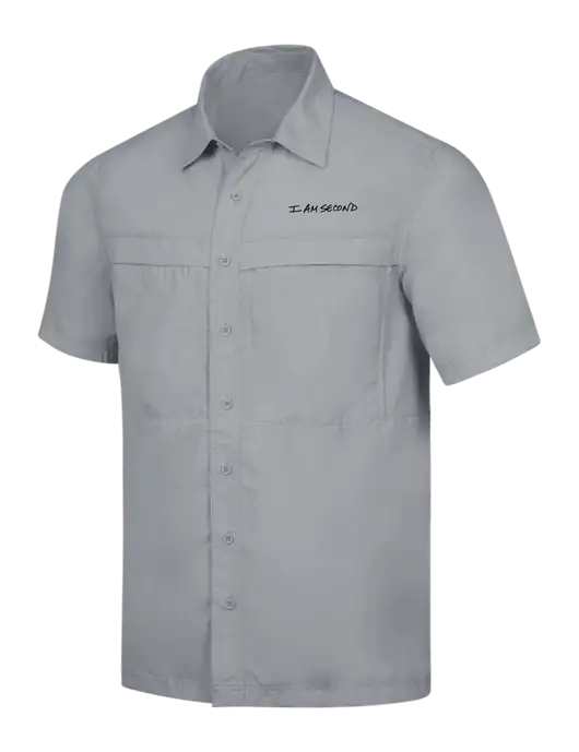 Light Grey Short Sleeve UV Daybreak Shirt w/I Am Second Logo