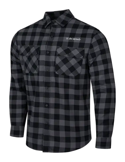 Medium Grey/Black Buffalo Check Plaid Flannel Shirt w/I Am Second Logo