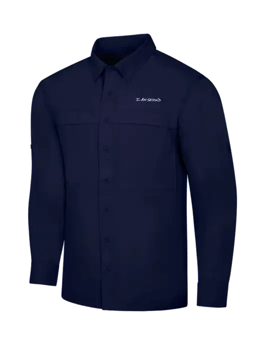 Navy Long Sleeve UV Daybreak Shirt w/I Am Second Logo