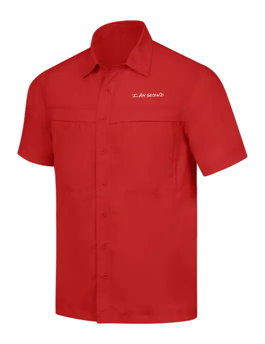 Red Short Sleeve UV Daybreak Shirt w/I Am Second Logo
