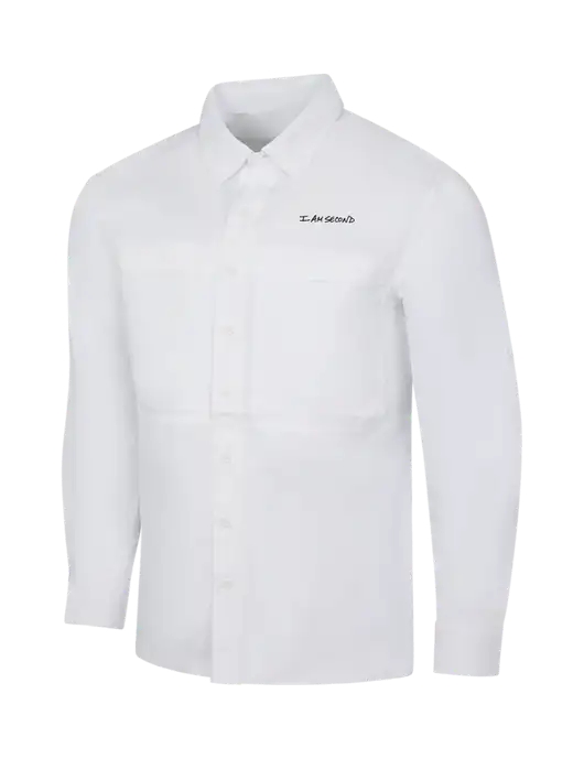 White Long Sleeve UV Daybreak Shirt w/I Am Second Logo