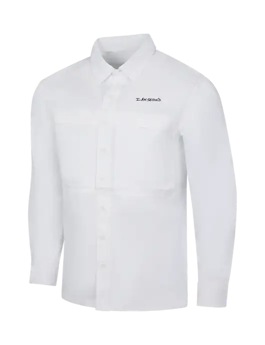 White Long Sleeve UV Daybreak Shirt w/I Am Second Logo