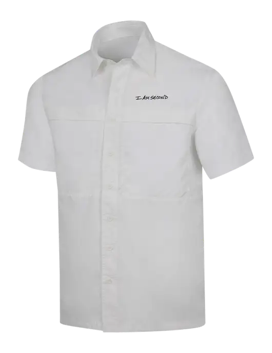 White Short Sleeve UV Daybreak Shirt w/I Am Second Logo