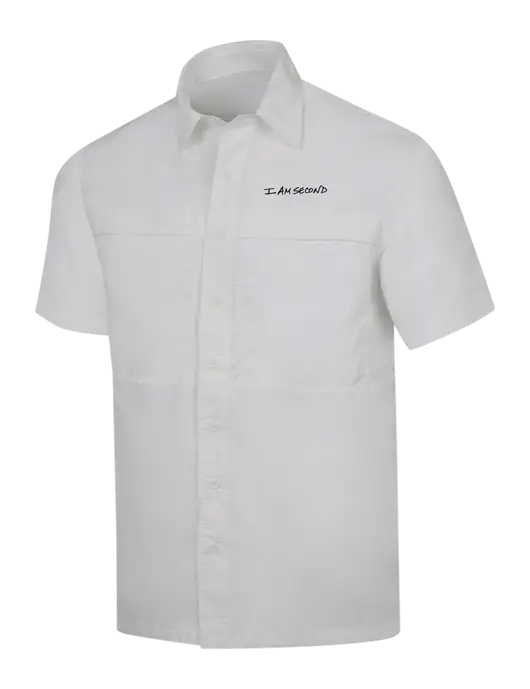 White Short Sleeve UV Daybreak Shirt w/I Am Second Logo