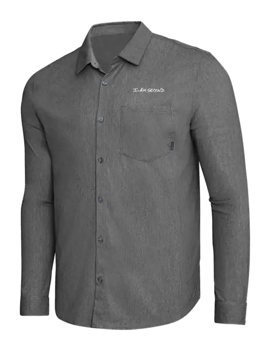 OGIO Dark Grey Heather Extend Long Sleeve Button Up Shirt w/I Am Second Logo