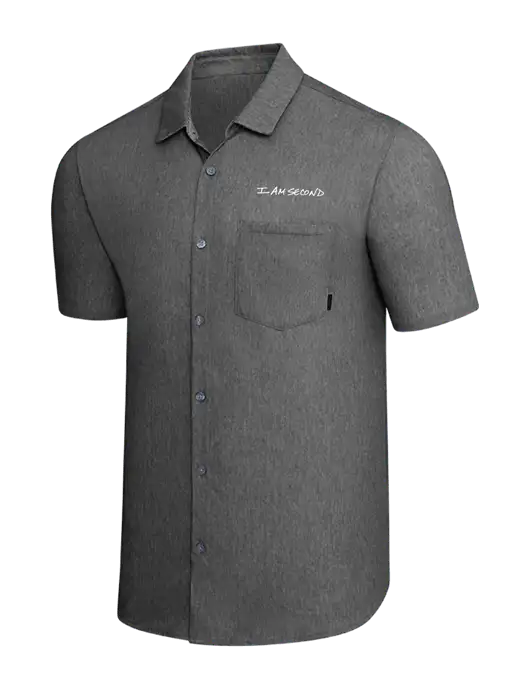 OGIO Dark Grey Heather Extend Short Sleeve Button Up Shirt w/I Am Second Logo