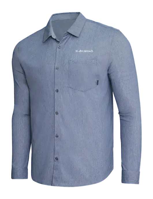 OGIO Slate Blue Heather Extend Long Sleeve Button Up Shirt w/I Am Second Logo