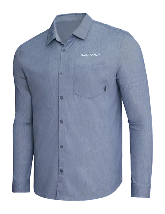 OGIO Slate Blue Heather Extend Long Sleeve Button Up Shirt w/I Am Second Logo