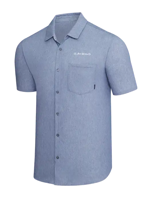 OGIO Slate Blue Heather Extend Short Sleeve Button Up Shirt w/I Am Second Logo