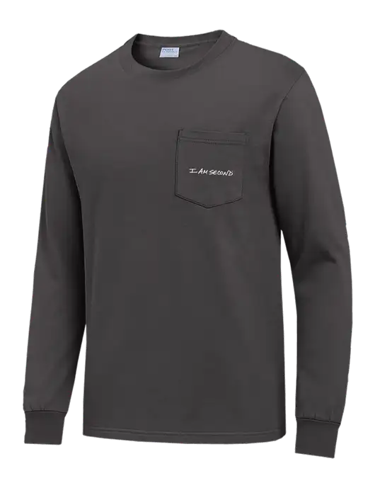 Charcoal Long Sleeve Heavyweight 6.1 oz Pocket T-Shirt w/I Am Second Logo