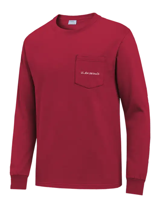 Red Long Sleeve Heavyweight 6.1 oz Pocket T-Shirt w/I Am Second Logo