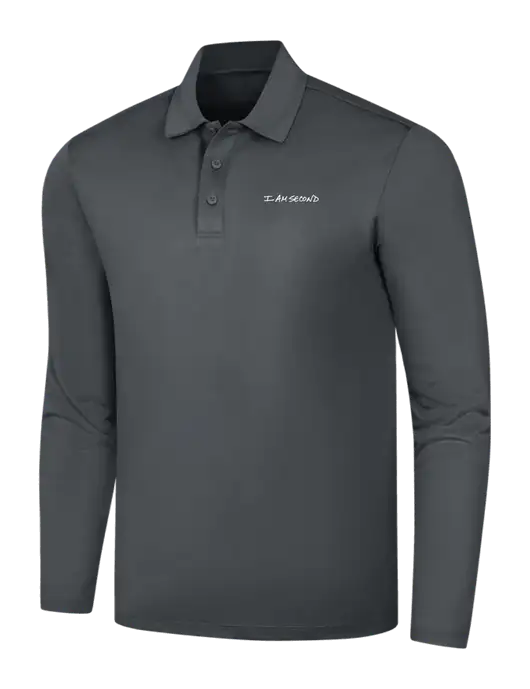 Dark Grey Silk Touch Performance Long Sleeve Polo w/I Am Second Logo