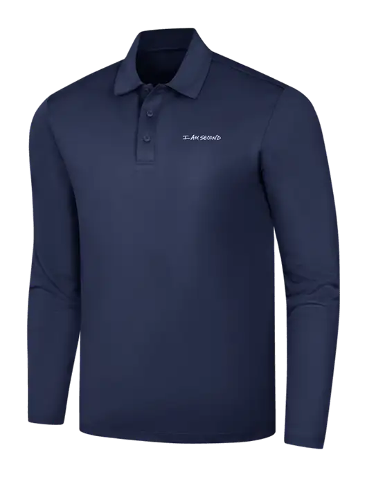Navy Silk Touch Performance Long Sleeve Polo w/I Am Second Logo