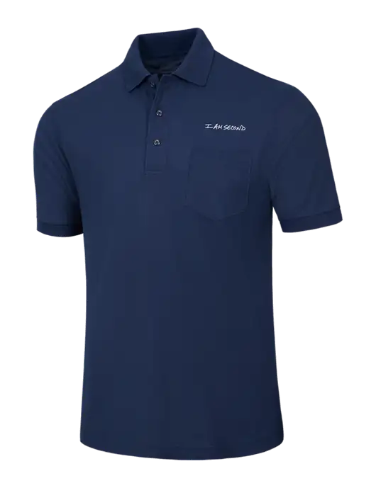 Navy Silk Touch Polo with Pocket w/I Am Second Logo