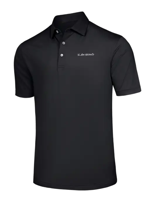 Peter Millar Black Solid Performance Polo - Self Collar w/I Am Second Logo